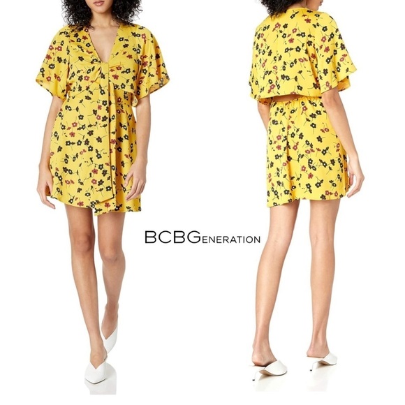 BCBGeneration Women's Yellow Bow Tie Floral Ruffle Dress - Medium - Picture 1 of 13